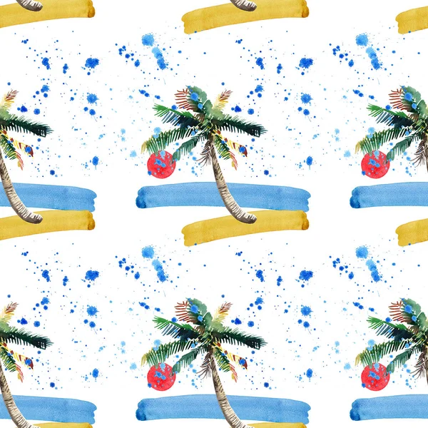 아름 다운 밝은 귀여운 녹색 열 대 사랑 스러운 멋진 하와이 꽃 허브 여름 패턴의 해변 일몰, 야자수, 바다, 붉은 태양 및 해변 수채화 손 스케치 — 스톡 사진