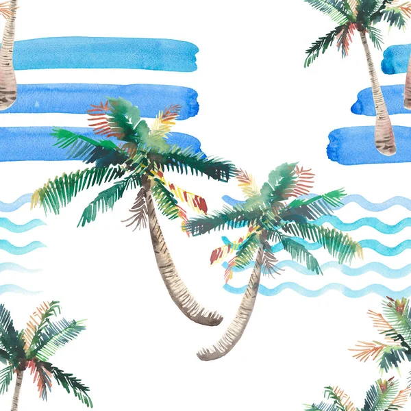 Güzel parlak sevimli yeşil tropikal güzel harika hawaii çiçek bitkisel yaz desen bir plaj gün batımı, palmiye ağacı, deniz, kırmızı güneş ve plaj suluboya el kroki