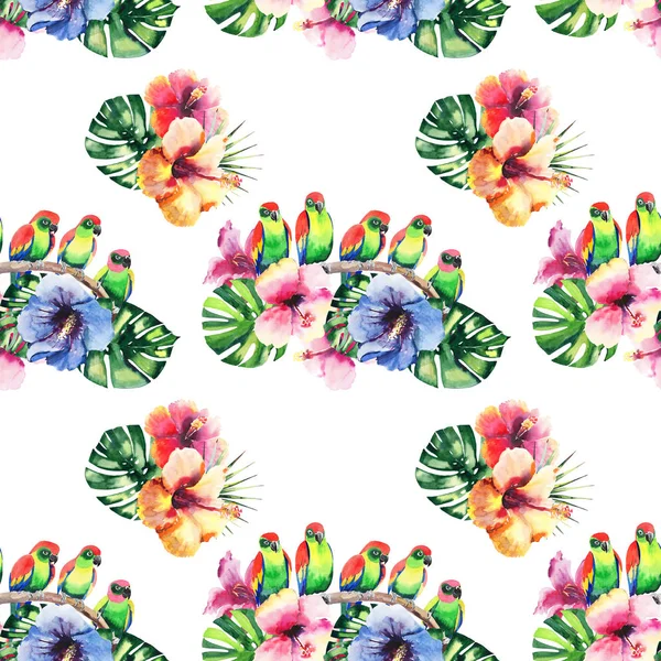 Όμορφο φωτεινό υπέροχο πολύχρωμο τροπικό Χαβάη φλοράλ καλοκαίρι φυτικό μοτίβο της τροπικά λουλούδια ιβίσκου, παλάμες φύλλα και όμορφα πολύχρωμα τροπικά πουλιά σε ένα υποκατάστημα ακουαρέλα χέρι σκίτσο — Φωτογραφία Αρχείου