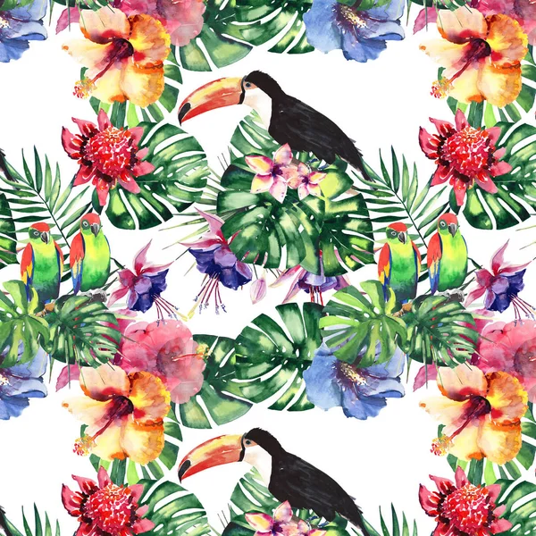 Beautiful bright lovely colorful tropical hawaii floral herbal summer pattern of tropical flowers hibiscus, palms leaves, lovely colorful tropical birds and toucans on a branch watercolor hand sketch — Stock Photo, Image