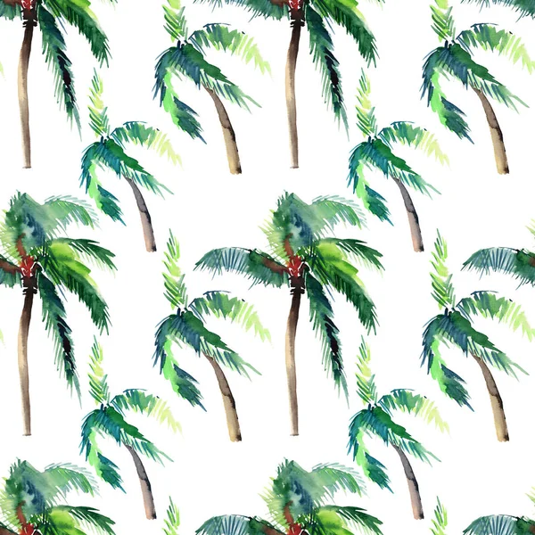 Beautiful bright cute green tropical lovely wonderful hawaii floral herbal summer pattern of a palm trees watercolor hand sketch. Perfect for greetings card, textile, wallpapers, wrapping paper — Stock Photo, Image