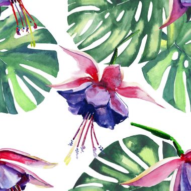 Güzel parlak güzel renkli tropikal hawaii çiçek bitkisel yaz desen tropikal mor orkide çiçek ve yaprak suluboya el illüstrasyon palms. Kartları, duvar kağıtları, tekstil için mükemmel