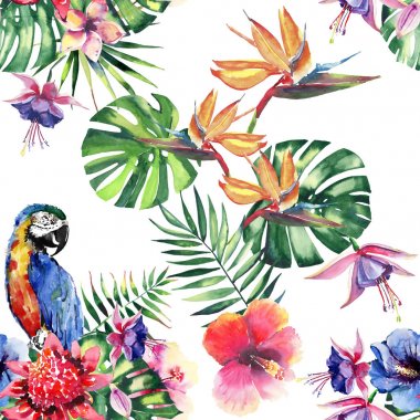 Güzel parlak güzel renkli tropikal hawaii çiçek bitkisel yaz tropik çiçekler ebegümeci ve desen orkide, palms yaprakları ve renkli tropikal sarı mavi papağan suluboya el kroki