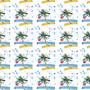 Güzel parlak sevimli yeşil tropikal güzel harika hawaii çiçek bitkisel yaz desen bir plaj gün batımı, palmiye ağacı, deniz, kırmızı güneş ve plaj suluboya el kroki