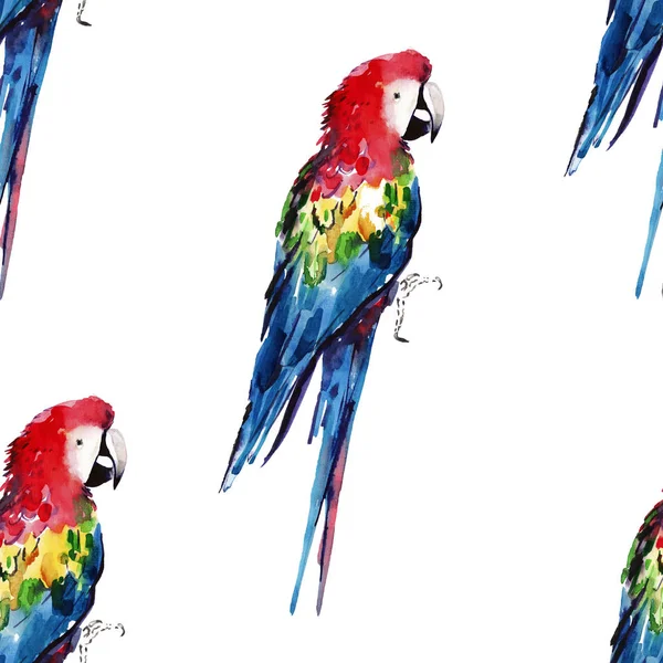 Яскраві барвисті красиві прекрасні витончені джунглі тропічні жовті, зелені, червоні та сині великі тропічні папуги візерунок діагональний візерунок акварель ручна ілюстрація — стокове фото
