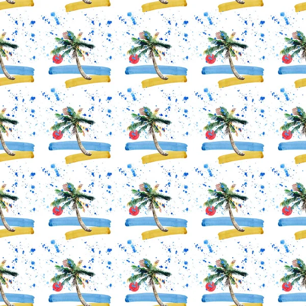 Güzel parlak sevimli yeşil tropikal güzel harika hawaii çiçek bitkisel yaz desen bir plaj gün batımı, palmiye ağacı, deniz, kırmızı güneş ve plaj suluboya el kroki