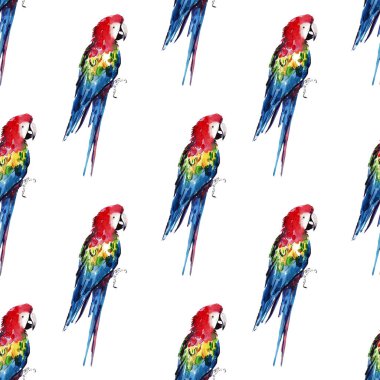 Parlak renkli güzel güzel sofistike orman tropik sarı, yeşil, kırmızı ve mavi büyük tropik papağan köşegen desen suluboya el illüstrasyon model