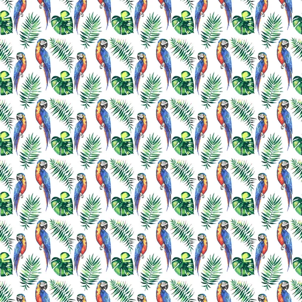 Bright colorful cute beautiful jungle tropical yellow and blue big parrots with green palm leaves pattern watercolor hand illustration. Perfect for greetings card, textile, wallpapers