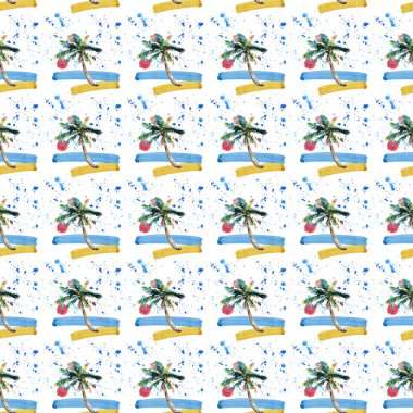 Güzel parlak sevimli yeşil tropikal güzel harika hawaii çiçek bitkisel yaz desen bir plaj gün batımı, palmiye ağacı, deniz, kırmızı güneş ve plaj suluboya el kroki