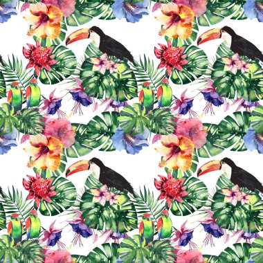 Güzel parlak güzel renkli tropikal hawaii çiçek bitkisel yaz desen tropik çiçekler ebegümeci, palms yaprakları, güzel renkli tropikal kuşlar ve tukanlar şube suluboya el kroki üzerinde