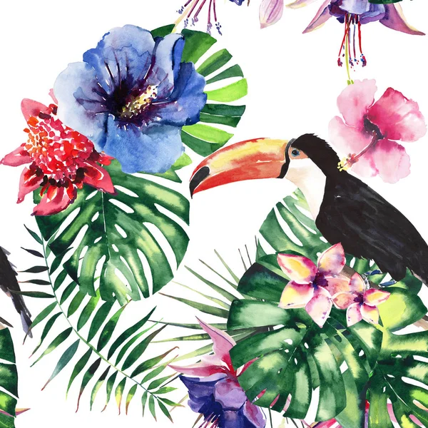 Hermoso brillante encantador colorido hawaii tropical floral patrón de verano herbal de flores tropicales hibisco, hojas de palmas, coloridas aves tropicales y tucanes en una rama acuarela boceto de la mano —  Fotos de Stock