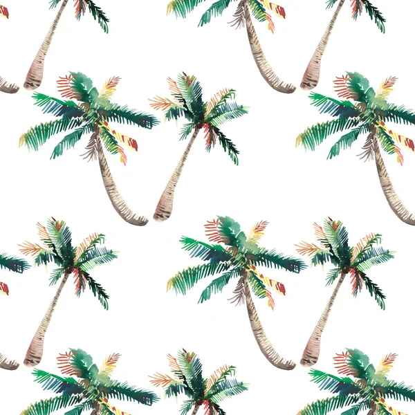 美丽明亮可爱绿色热带可爱奇妙夏威夷花卉草药夏天的图案的棕榈树水彩手素描。完美的问候卡，纺织，壁纸，包装纸 — 图库照片