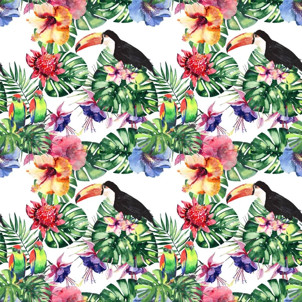 Güzel parlak güzel renkli tropikal hawaii çiçek bitkisel yaz desen tropik çiçekler ebegümeci, palms yaprakları, güzel renkli tropikal kuşlar ve tukanlar şube suluboya el kroki üzerinde