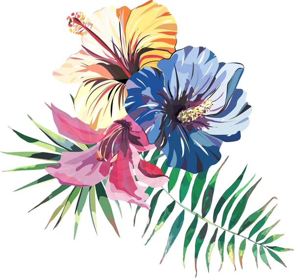 Schöne helle schöne niedliche künstlerische wunderbare tropische Hawaii Blumen Kräuter Sommer bunte Komposition von tropischen gelben rosa blauen Hibiskus und Lilie und grünen Palmen Blätter Vektorillustration — Stockvektor