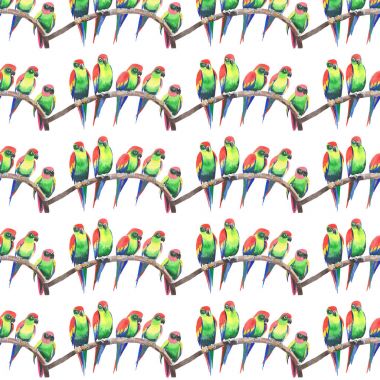 Parlak renkli sevimli güzel orman tropik sarı ve yeşil papağan bir şube desen suluboya üzerinde şekil ver. Mükemmel tebrik kartı, tekstil, duvar kağıtları için