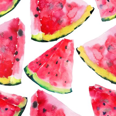 Güzel harika parlak renkli lezzetli lezzetli lezzetli olgun sulu tatlı güzel kırmızı yaz Sonbahar taze tatlı dilim karpuz desen suluboya resim el