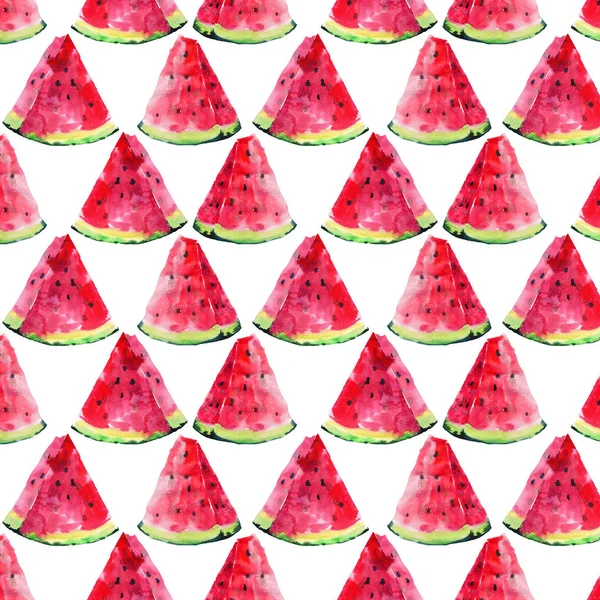 Beautiful bright colorful delicious tasty yummy ripe juicy cute lovely red summer autumn fresh dessert slices of watermelon pattern watercolor hand illustration. Perfect for textile, wallpapers, cards — Stock Photo, Image