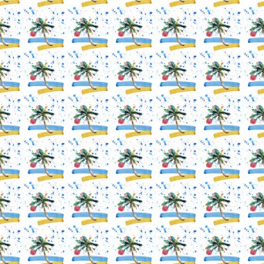 Güzel parlak sevimli yeşil tropikal güzel harika hawaii çiçek bitkisel yaz desen bir plaj gün batımı, palmiye ağacı, deniz, kırmızı güneş ve plaj suluboya el kroki