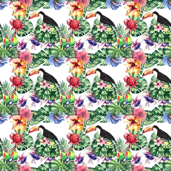 Bella brillante bella colorata tropicale hawaii floreale a base di erbe estate modello di fiori tropicali ibisco, foglie di palme, bellissimi uccelli tropicali colorati e tucani su uno schizzo mano ramo acquerello — Foto Stock