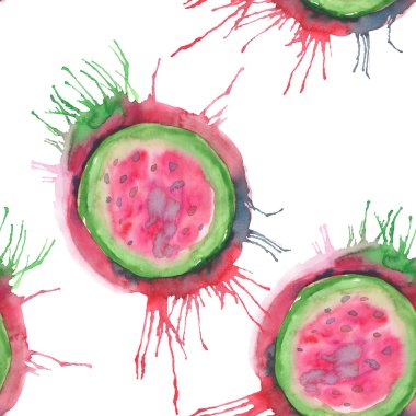 Soyut parlak renkli lezzetli lezzetli lezzetli olgun sulu tatlı güzel kırmızı yaz Sonbahar lekesi ve sprey desen suluboya el illüstrasyon ile karpuz kestim. Tekstil, duvar kağıtları, kartları için mükemmel