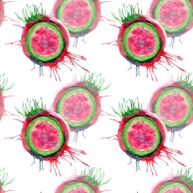 Soyut parlak renkli lezzetli lezzetli lezzetli olgun sulu tatlı güzel kırmızı yaz Sonbahar lekesi ve sprey desen suluboya el illüstrasyon ile karpuz kestim. Tekstil, duvar kağıtları, kartları için mükemmel