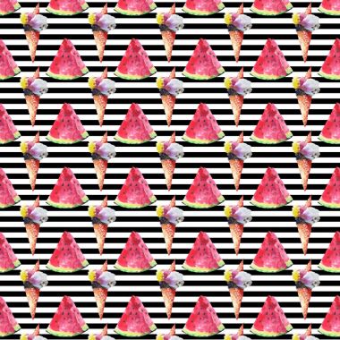 Güzel parlak lezzetli lezzetli çikolata tatlı renkli nefis olgun sulu yaz Sonbahar dondurma waffle boynuz ve dilim karpuz desen siyah çizgiler arka plan suluboya el kroki üzerinde