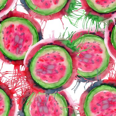 Soyut parlak renkli lezzetli lezzetli lezzetli olgun sulu tatlı güzel kırmızı yaz Sonbahar lekesi ve sprey desen suluboya el illüstrasyon ile karpuz kestim. Tekstil, duvar kağıtları, kartları için mükemmel