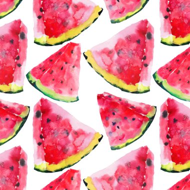 Güzel parlak renkli lezzetli lezzetli lezzetli olgun sulu tatlı güzel kırmızı yaz Sonbahar taze tatlı dilim karpuz desen suluboya çizimi uzat. Tekstil, duvar kağıtları, kartları için mükemmel