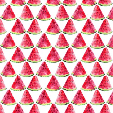 Güzel parlak renkli lezzetli lezzetli lezzetli olgun sulu tatlı güzel kırmızı yaz Sonbahar taze tatlı dilim karpuz desen suluboya çizimi uzat. Tekstil, duvar kağıtları, kartları için mükemmel
