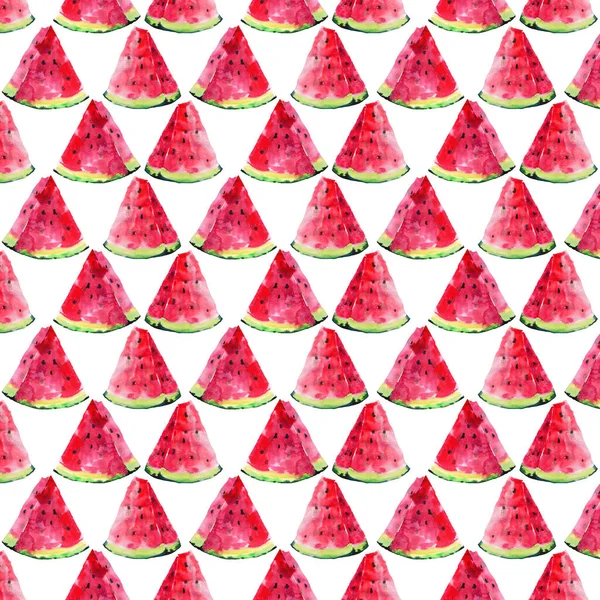 Beautiful bright colorful delicious tasty yummy ripe juicy cute lovely red summer autumn fresh dessert slices of watermelon pattern watercolor hand illustration. Perfect for textile, wallpapers, cards — Stock Photo, Image