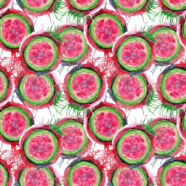 Soyut parlak renkli lezzetli lezzetli lezzetli olgun sulu tatlı güzel kırmızı yaz Sonbahar lekesi ve sprey desen suluboya el illüstrasyon ile karpuz kestim. Tekstil, duvar kağıtları, kartları için mükemmel