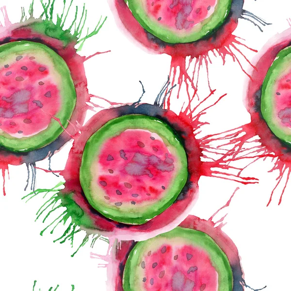 Soyut parlak renkli lezzetli lezzetli lezzetli olgun sulu tatlı güzel kırmızı yaz Sonbahar lekesi ve sprey desen suluboya el illüstrasyon ile karpuz kestim. Tekstil, duvar kağıtları, kartları için mükemmel