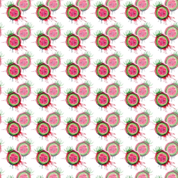 Abstract bright colorful delicious tasty yummy ripe juicy cute lovely red summer autumn cut watermelon with blots and spray pattern watercolor hand illustration. Perfect for textile, wallpapers, cards — Stock Photo, Image