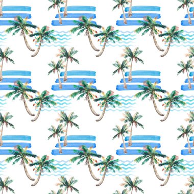 Güzel parlak sevimli yeşil tropikal güzel harika hawaii çiçek bitkisel yaz desen bir plaj gün batımı, palmiye ağacı, deniz, kırmızı güneş ve plaj suluboya el kroki