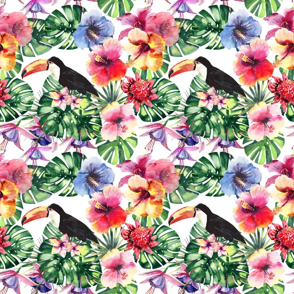 Güzel parlak güzel renkli tropikal hawaii çiçek bitkisel yaz desen tropik çiçekler ebegümeci, palms yaprakları, güzel renkli tropikal kuşlar ve tukanlar şube suluboya el kroki üzerinde