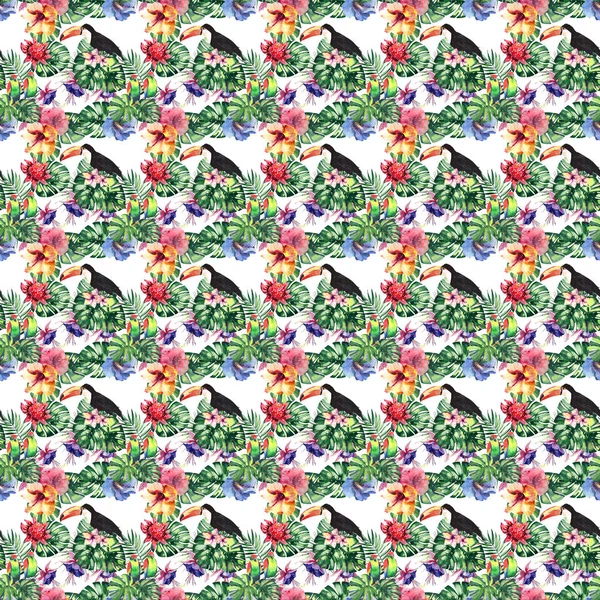 Belle belle coloré tropical hawaii floral motif d'été à base de plantes de fleurs tropicales hibiscus, feuilles de palmiers, de beaux oiseaux tropicaux colorés et toucans sur une branche aquarelle croquis à la main — Photo