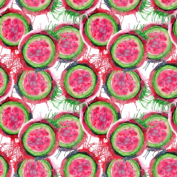 Soyut parlak renkli lezzetli lezzetli lezzetli olgun sulu tatlı güzel kırmızı yaz Sonbahar lekesi ve sprey desen suluboya el illüstrasyon ile karpuz kestim. Tekstil, duvar kağıtları, kartları için mükemmel