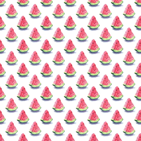 Světlé barevné lahodné chutné mňam zralá šťavnatá roztomilé červené letní podzimní čerstvý dezert plátky melounu s akvarelem vzor stín ruky ilustrace. Ideální pro textil, tapety, pohlednice — Stock fotografie