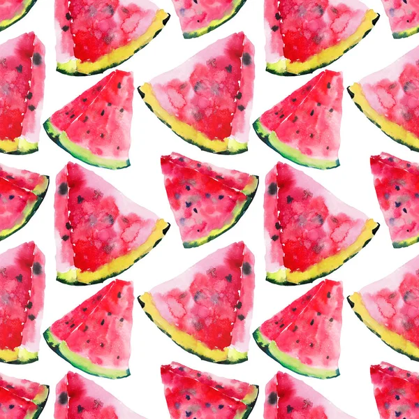 Parlak renkli lezzetli sulu tatlı güzel kırmızı yaz Sonbahar taze tatlı dilim karpuz desen suluboya çizimi uzat. Tekstil, duvar kağıtları, kartları için mükemmel