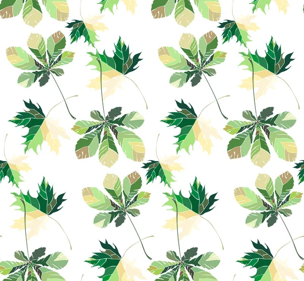 Όμορφη εξαιρετικό γραφικών φωτεινά floral φυτικά φθινόπωρο πράσινο κίτρινο πορτοκαλί maple φύλλα καστανιάς μοτίβο εικονογράφηση διάνυσμα — Διανυσματικό Αρχείο