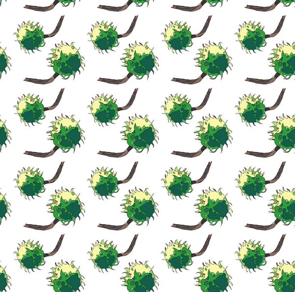 Mooie prachtige grafische heldere bloemen kruiden herfst groen kastanjes patroon vectorillustratie. Perfect voor textiel, behang, inpakpapier, wenskaarten — Stockvector