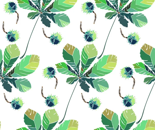 Bonito gráfico maravilhoso brilhante floral ervas outono verde castanha folhas e castanhas padrão de ilustração vetorial. Perfeito para têxteis, papéis de parede, papel de embrulho, cartões de felicitações —  Vetores de Stock