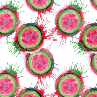 Soyut parlak renkli lezzetli lezzetli lezzetli olgun sulu tatlı güzel kırmızı yaz Sonbahar lekesi ve sprey desen suluboya el illüstrasyon ile karpuz kestim. Tekstil, duvar kağıtları, kartları için mükemmel