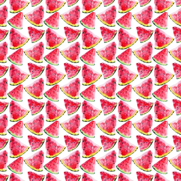 Φωτεινά πολύχρωμα νόστιμα ζουμερά χαριτωμένο υπέροχο κόκκινο καλοκαίρι φθινόπωρο φρέσκο επιδόρπιο φέτες καρπούζι μοτίβο ακουαρέλα χέρι εικονογράφηση. Ιδανική λύση για υφάσματα, ταπετσαρίες, κάρτες — Φωτογραφία Αρχείου