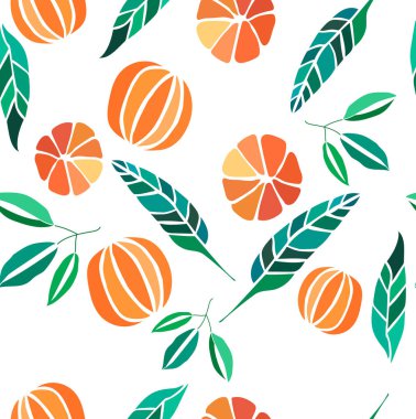 Güzel parlak renkli lezzetli lezzetli lezzetli olgun sulu güzel turuncu yaz Sonbahar tatlı dilimlerini portakal ve mandalina desen vektör çizim. Tekstil, duvar kağıtları, kartları için mükemmel