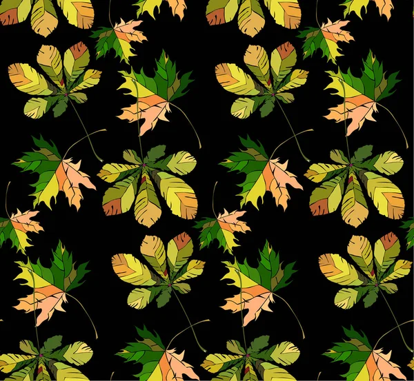 Vackra underbara grafisk ljusa växtbaserade hösten gröna kastanj löv och kastanjer blommönster på svart bakgrund vektor. Perfekt för textil, tapeter, omslagspapper, gratulationskort — Stock vektor