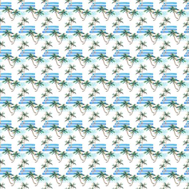 Güzel parlak sevimli yeşil tropikal güzel harika hawaii çiçek bitkisel yaz desen bir plaj gün batımı, palmiye ağacı, deniz, kırmızı güneş ve plaj suluboya el kroki