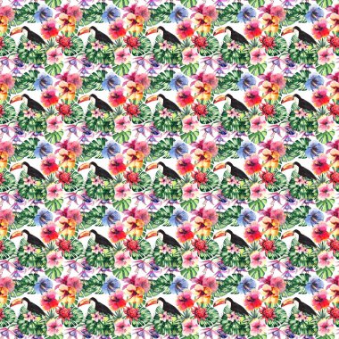 Güzel parlak güzel renkli tropikal hawaii çiçek bitkisel yaz desen tropik çiçekler ebegümeci, palms yaprakları, güzel renkli tropikal kuşlar ve tukanlar şube suluboya el kroki üzerinde