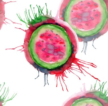 Soyut parlak renkli lezzetli lezzetli lezzetli olgun sulu tatlı güzel kırmızı yaz Sonbahar lekesi ve sprey desen suluboya el illüstrasyon ile karpuz kestim. Tekstil, duvar kağıtları, kartları için mükemmel