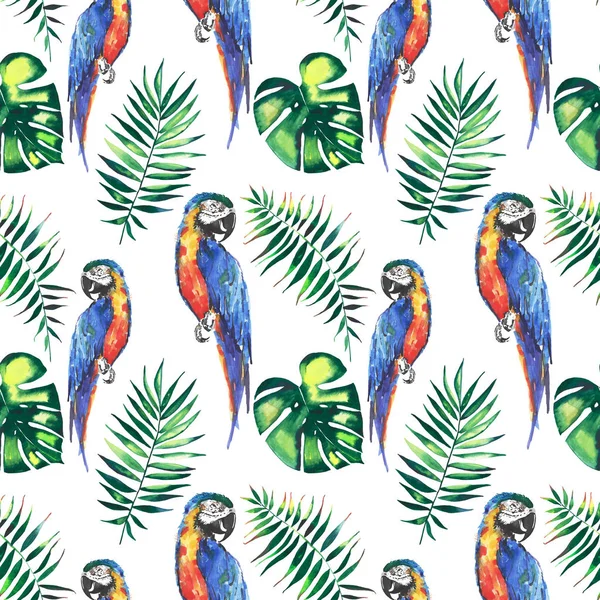 Luminoso colorido lindo hermosa selva tropical amarillo y azul grandes loros con hojas de palma verde patrón acuarela mano ilustración. Perfecto para tarjetas de felicitación, textiles, fondos de pantalla —  Fotos de Stock